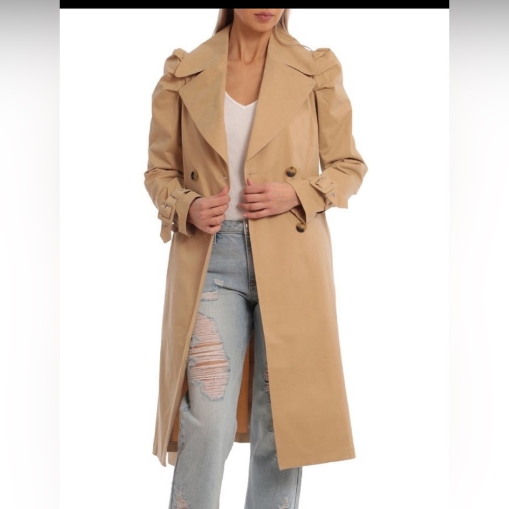 Avec les Filles Puff Sleeved Trench Coat With Belt tan NEW
